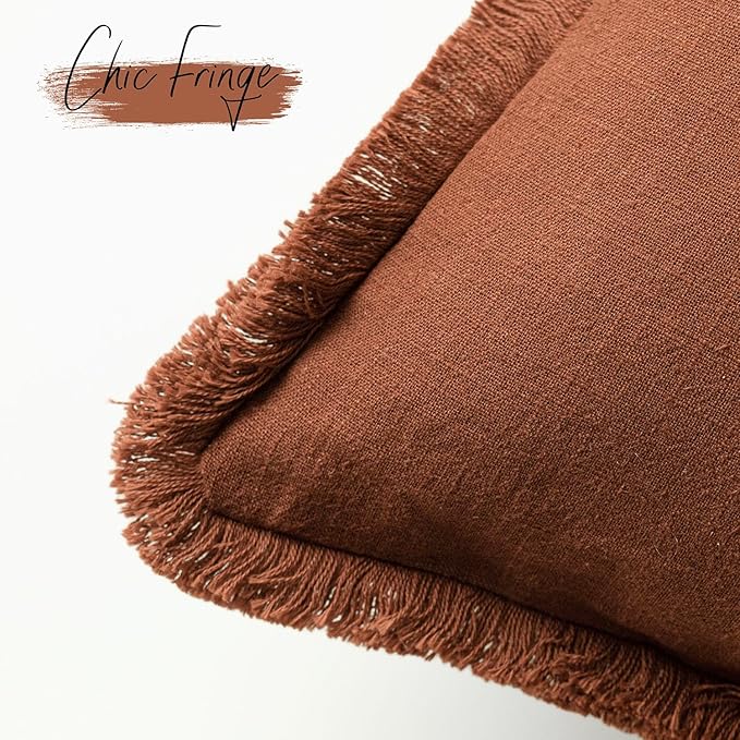 Foindtower Set of 2 Decorative Linen Fringe Throw Pillow Covers Farmhouse Cushion Cover with Tassels Soft Accent Pillowcase for Couch Chair Sofa Bed Living Room Home Decor,22×22 Inch,Fall Rust Orange