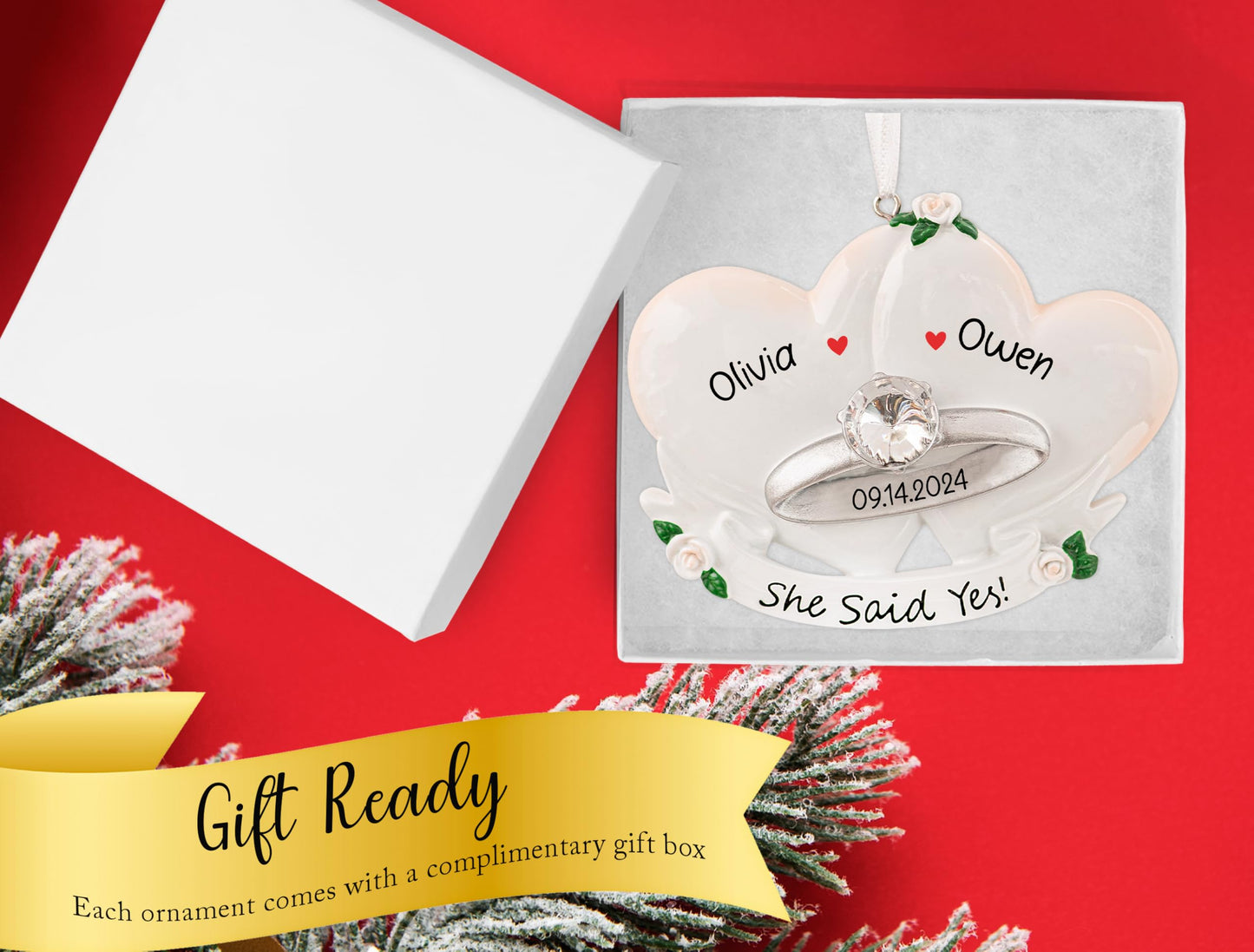 UniqXmas Personalized Our First Christmas Engaged Ornament 2025 | Customized Engagement Hearts Ornament with Diamond Ring | Just Proposed Fiance Newly Couple Custom Keepsake Gift for Xmas Tree