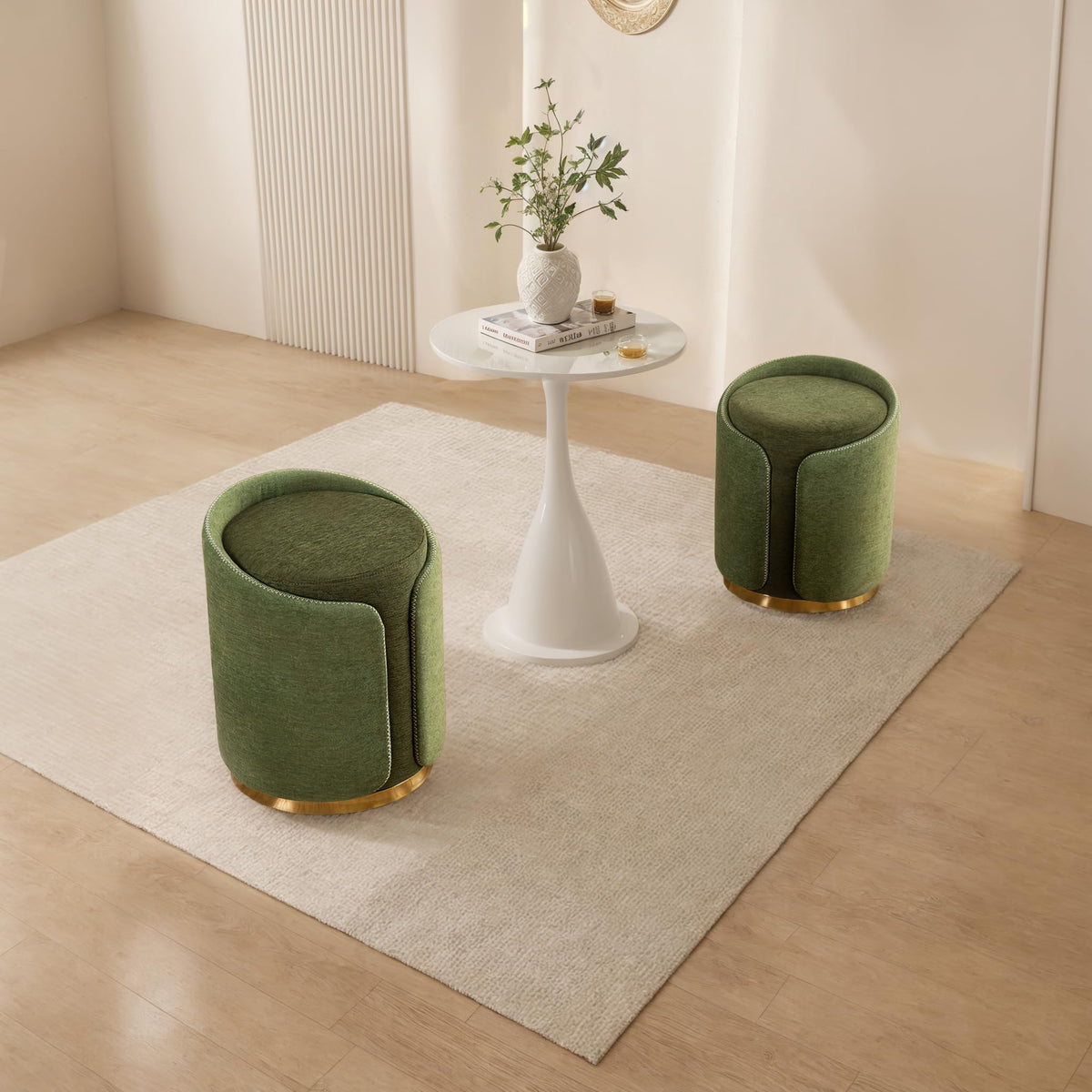 DRKAT Swivel Vanity Stool with Gold Base Comfy Vanity Chair Modern Round Stool for Makeup Vanity Ottoman Foot Rest for Bedroom livingroom (Green)