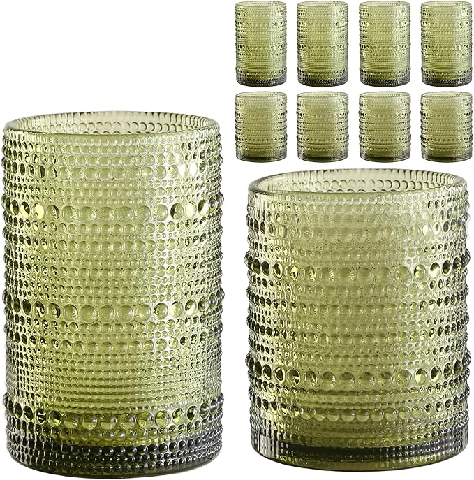 ZMOWIPDL Vintage Hobnail Drinking Glasses Set of 8,Green 12 oz & 15oz Highball Glass Cups, Kitchen Drinkware Glassware,Emb...