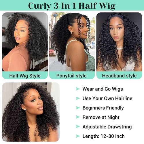 Kinky Curly Half Wig Human Hair 200% Density Headband Wig Upgrade 3 In 1 Half Wig with Drawstring Seamless Clip Ins Flip Over Wear Go Glueless Wigs 100% Human Hair for Women Beginner Friendly 16 Inch
