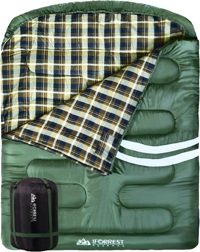 IFORREST Double Cotton Flannel Sleeping Bag for Adults – Extra-Wide 2-Person 10°F Cold Weather Camping Bed, Warm Queen XXL...