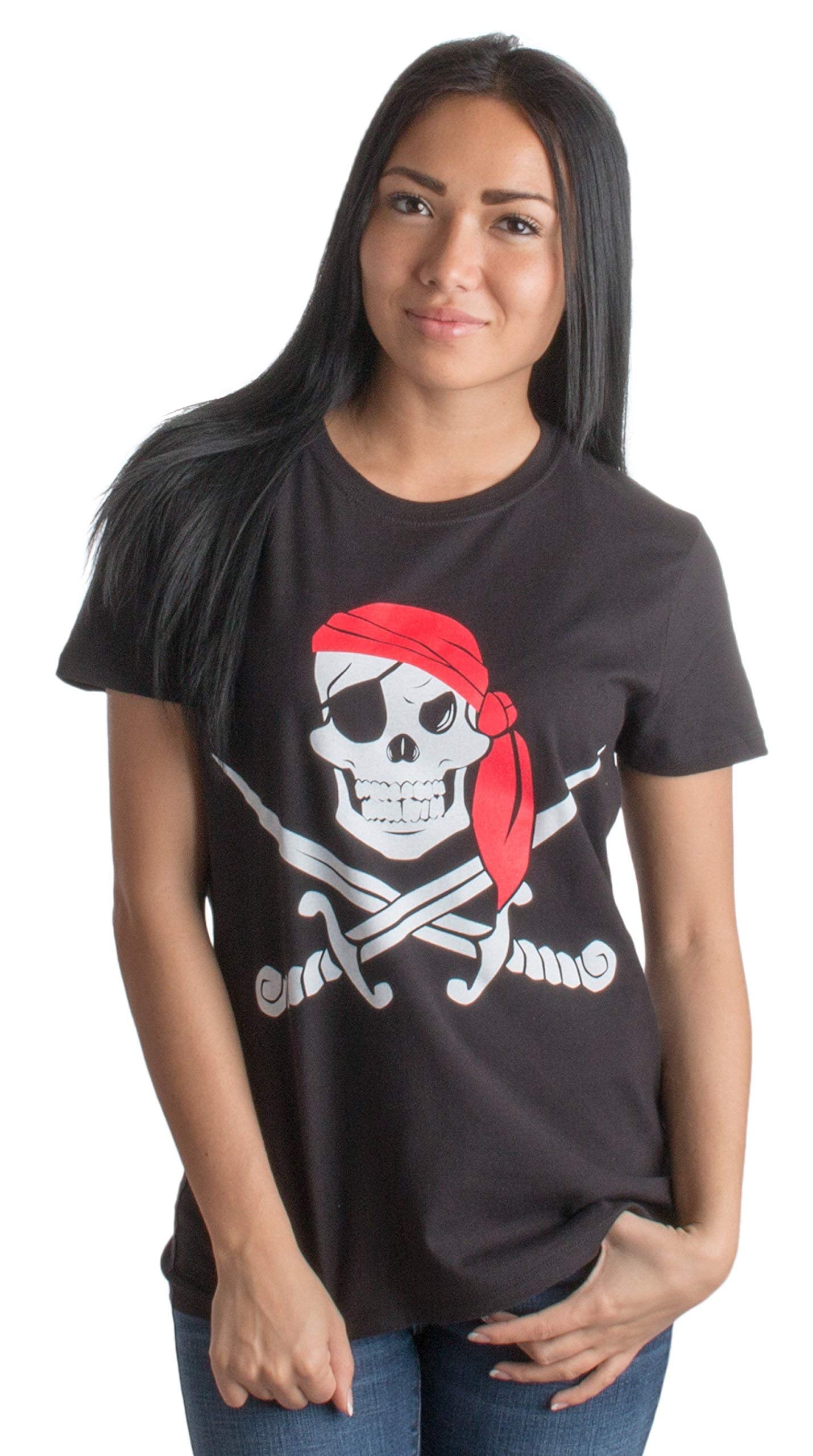 Ann Arbor T-shirt Co. Jolly Roger Pirate Flag | Skull & Crossbones Caribbean Cruise Costume Ladies' Tee-M