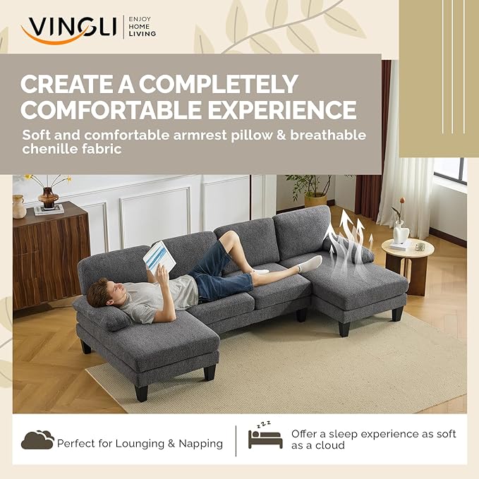 VINGLI 110' U-Shaped Sectional Couch with Two Chaise, Affordable Small Sofa with 4 Seats, Chenille Fabric Comfy Couches for Living Room, Dark Grey