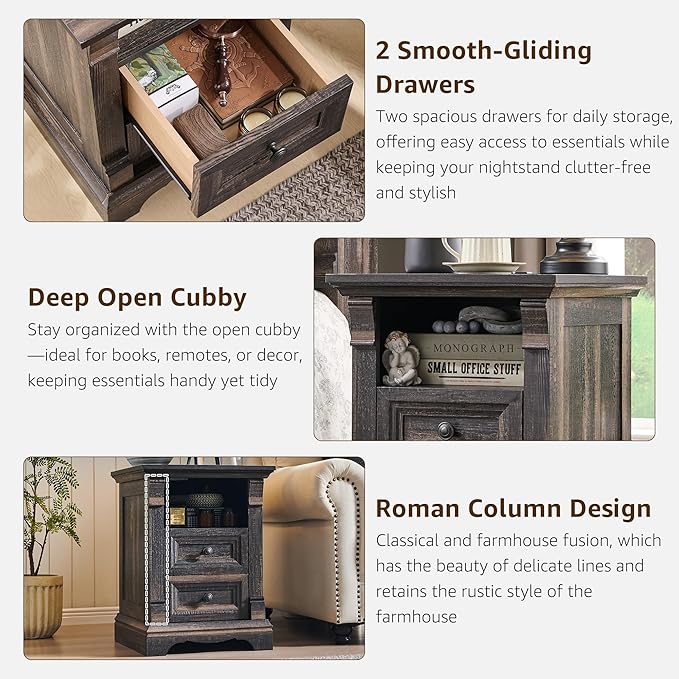 T4TREAM Farmhouse Nightstand Set of 2, 18" Sofa Side Table with Charging Station, Wood End Table w/Roman Column, Bedside Cabinet for Bedroom, Living Room, Dark Rustic Oak