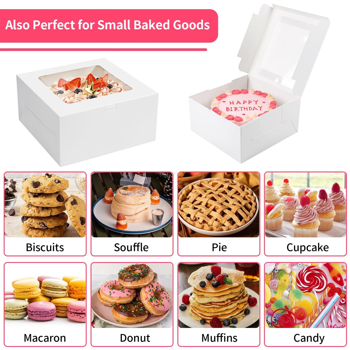 4 Pack Cake Boxes 10 Inch, Disposable Cake Transport Container, White Bakery Boxes with Large Window, for Cookies Pies Cupcakes Pastry (10×10×5 Inches)