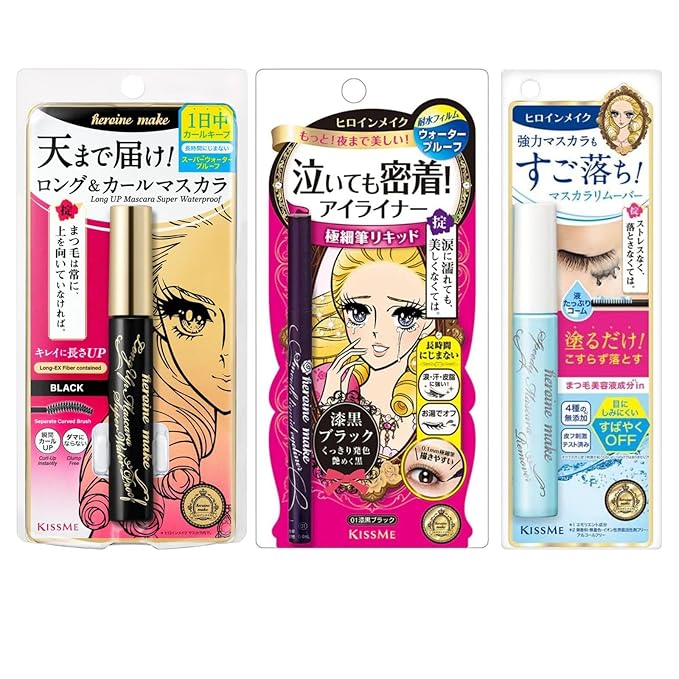 HEROINE MAKE by KISSME Waterproof Mascara Black by Defining Fiber for Long and Curl Eye Makeup for Women + Smooth Liquid Black Eyeliner, Smudge-free + Gentle Mascara Remover Oil Free, 3 Set