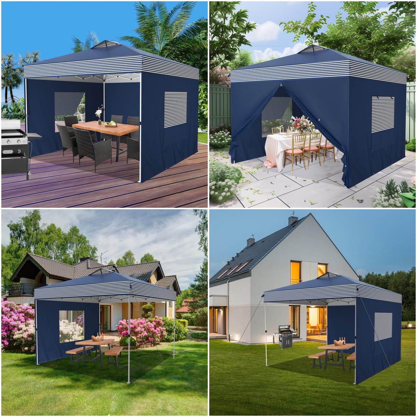 MFSTUDIO 10x10 Pop Up Canopy Tent with Removable Sidewalls, Outdoor Enclosed Instant Portable Shelter with Breathable Mesh Windows, One Person Setup, Blue Stripe