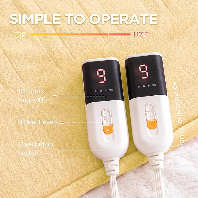 Heated Blanket King Size - Dual Controllers Electric Blanket King with 9 Heat Settings & 10 Hour Auto Off,Overheat Protection,Machine Washable 100"x90"(Cheesy Yellowk)