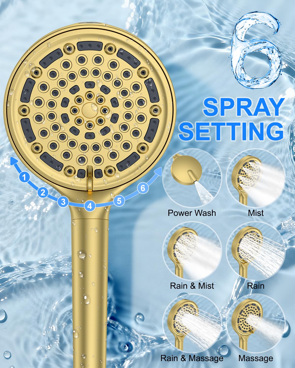 KOJOX Brushed Gold Dual Shower Head System – 11" Ceiling Rainfall + 6" Wall Mount Heads, 6-Mode Handheld Spray, Push-Button Diverter Faucet Set