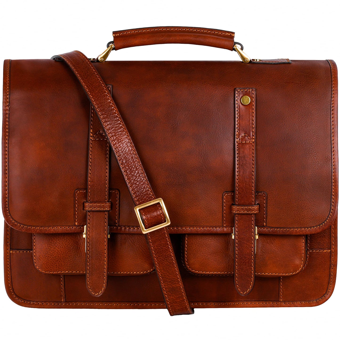 Time Resistance Leather Briefcase – Italian Handmade Leather Laptop Bag – Briefcase Convertible into Backpack (Cognac Brown)