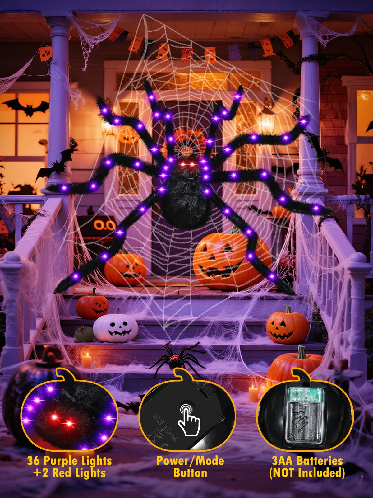 Halloween Decorations 4.9 FT Giant Spider 38LED Light up Black Hairy Scary Fake Spider with Red Lighted Eyes Battery Operated Party Haunted Yard House Indoor Outdoor Decor, Black