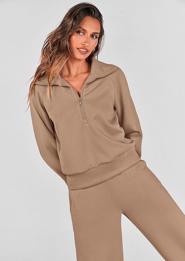 PRETTYGARDEN Women's 2 Piece Outfits Casual Lapel Half Zip Sweatshirts and Wide Leg Pants Tracksuit Sets