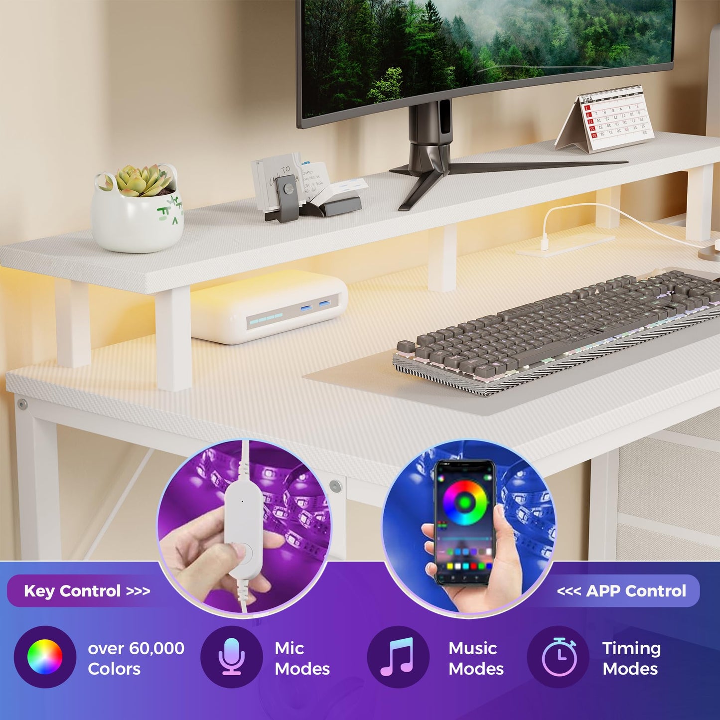 HAPPYMONT Gaming Desk with Shelves Storage Drawers, Computer Desk with LED Lights Power Outlets, Office Table with Shelf Cable Management for Bedroom Dual Monitor Streaming, White