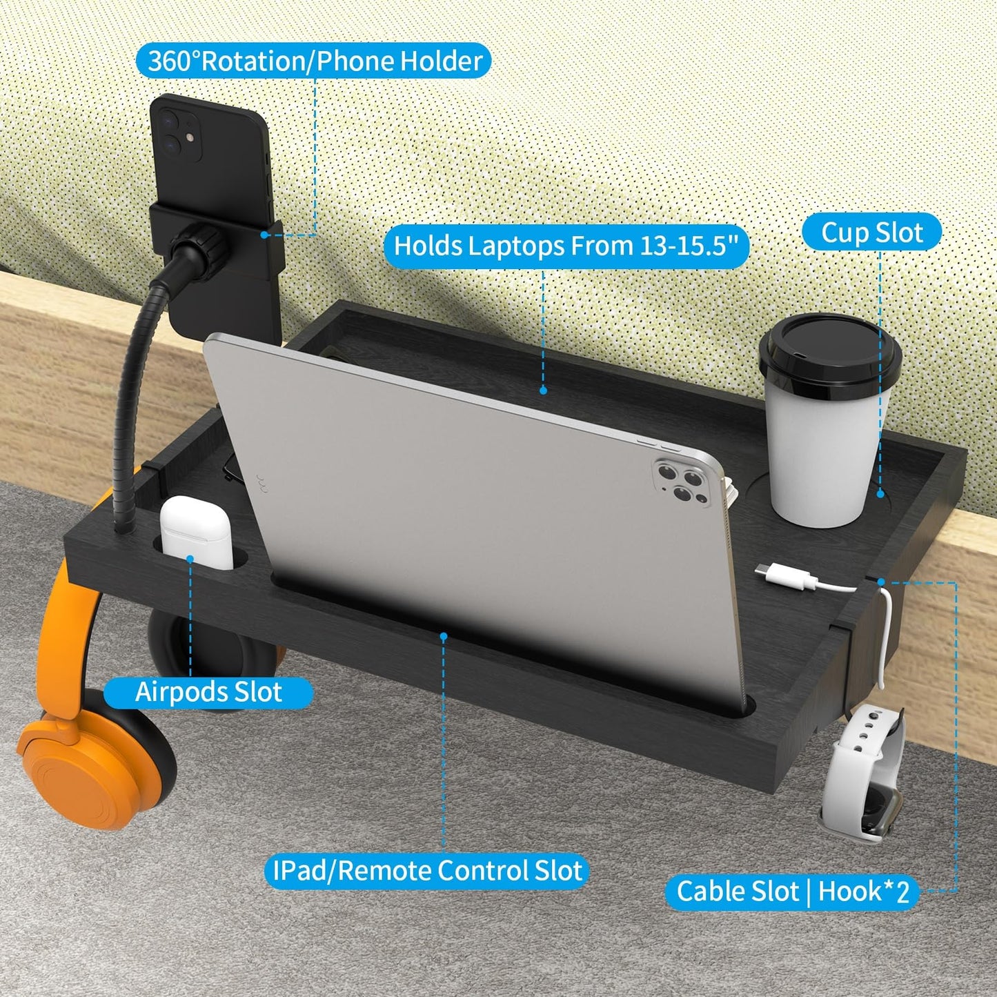 GRDNON Bedside Shelf with Phone Holder for Bed, ‎Bamboo Bed Shelf Organizer for Top Bunk, Clip on Nightstand for College Dorm Loft Bed, Bedside Tray for Kids, Built Earphones & Tablet Slot