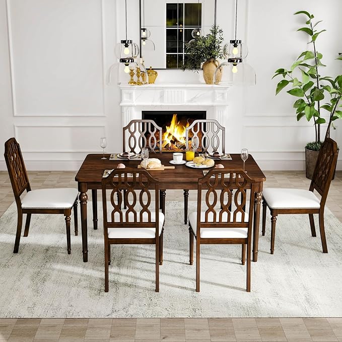 chairus Farmhouse Dining Chairs Set of 6, French Country Vintage Wooden Dining Room Chairs with Lattice Back & Turned Legs, Rustic Chenille Upholstered Nailhead Trim Side Kitchen Chairs, Walnut Brown