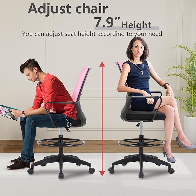 BestOffice Drafting Chair Tall Office Chair Adjustable Swivel Rolling Mesh Height with Lumbar Support Arms Footrest Mid Back for Adults Standing Desk Drafting Stool (Light Pink)