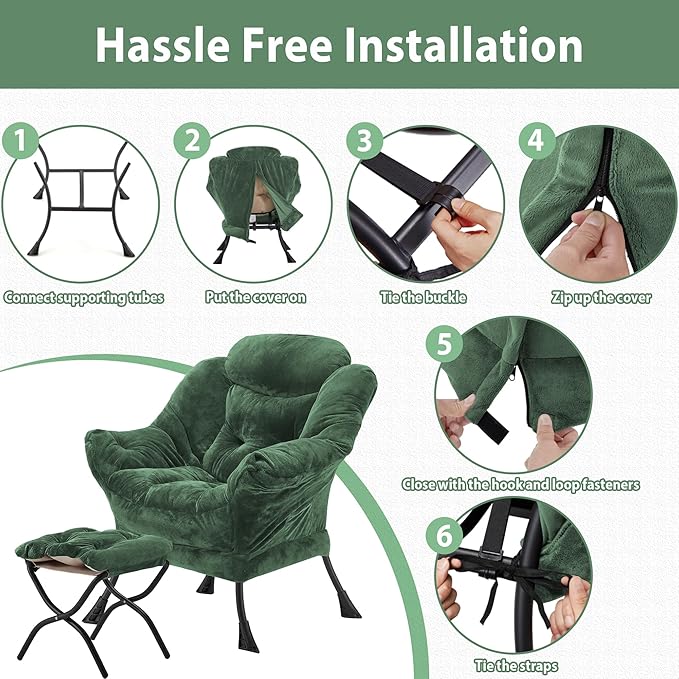 Youtanic Lazy Chair with Folding Ottoman, Accent Chair Plush Upholstered with Metal Structure and Non-Slip Pads, Sofa Armchair with Footrest and Side Storage Bag for Dorm, Room, Office, Green