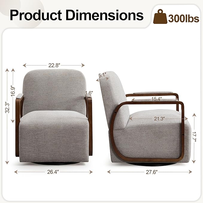 CACFTII 32" Chenille Upholstered Swivel Accent Chair, 360° Rotating Metal Base Modern Lounge Chair with Wooden Armrests for Living Room Bedroom, Brown