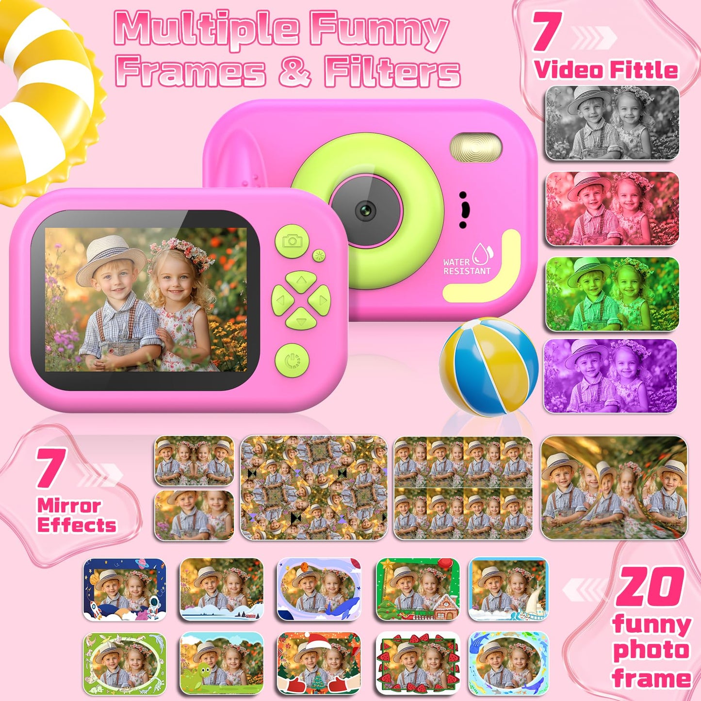 Kids Camera Waterproof, IP68 Underwater Camera for Kids Aged 3-12, HD Kids Digital Camera with 1080P Video Recording, Durable ABS Material, Pool Toys for Boys Girls with 32GB Card (Pink)