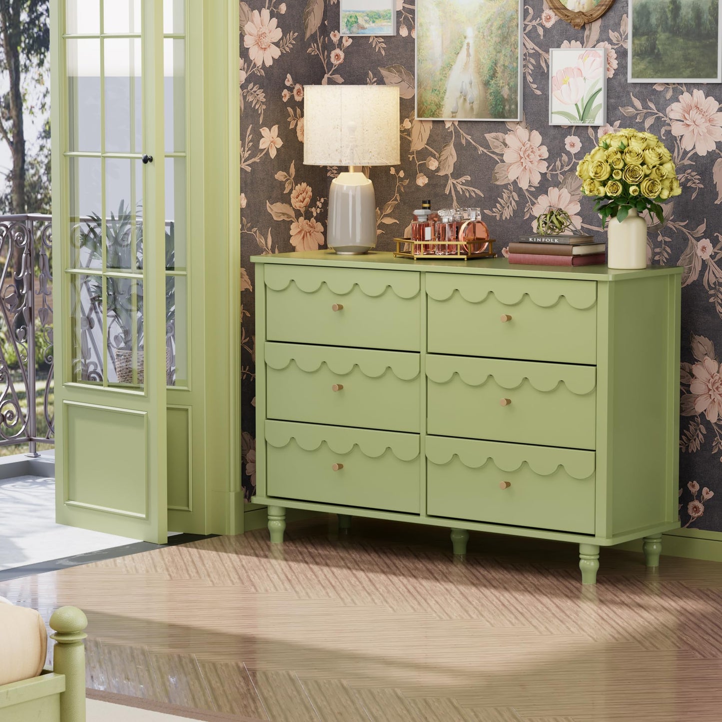 Anbuy Green 6 Drawer Dresser for Bedroom, Modern Wide Chest of Drawers, Scalloped Organizer Storage with Drawers, Fluted Petal Pattern Large Storage Cabinet for Bedroom, Living Room, Porch