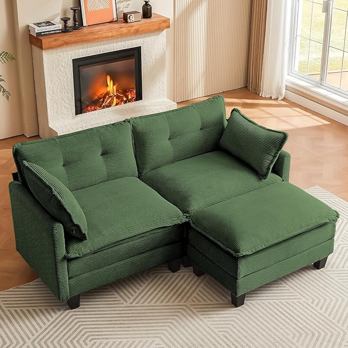 Amsleekey Modular Sectional Sofa, 76.5" L-Shaped Corduroy Comfy Sectional Couches for Living Room, 2-Seater Cloud Couches with 1 Movable Ottoman, Flexible Combination Modern Deep Seat Sofa (Green)