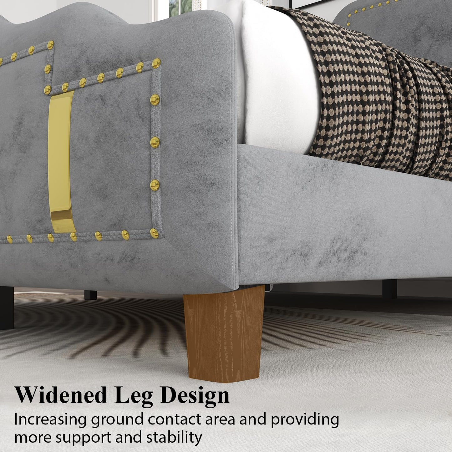 Full Size Bed Frame with Headboard, Velvet Upholstered Platform Bed Frame with Charging Station, Nailhead Trim & Shiny Decor, Solid Wood Slats Support, No Box Spring Needed, Easy Assembly, Grey