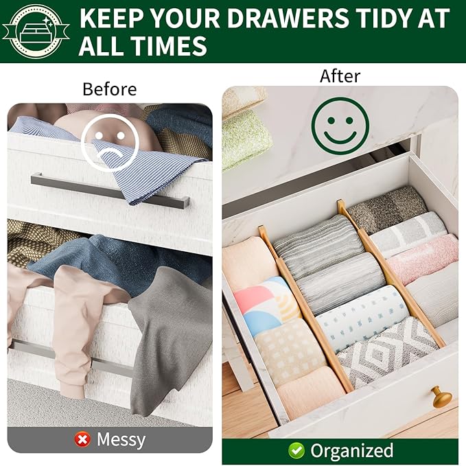 4 Pack Bamboo Drawer Dividers 2.6" High,17-22" Adjustable Spring Loaded Clothes Drawer Organizers for Kitchen, Dresser, Bathroom, Bedroom and Office