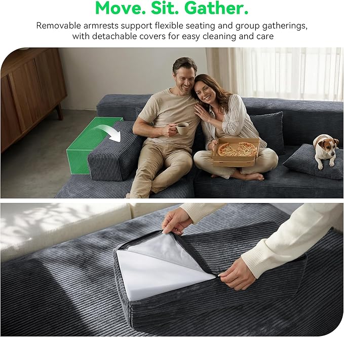 MONVANE 141'' Modular Sectional Sofa, PRO Version U-Shape Boneless Couch, Oversized Deep Seating Cloud Couch, No Assembly, High-Resilience Foam, Soft Corduroy Fabric, for Living Room Apartments Grey | High-Resilience Foam