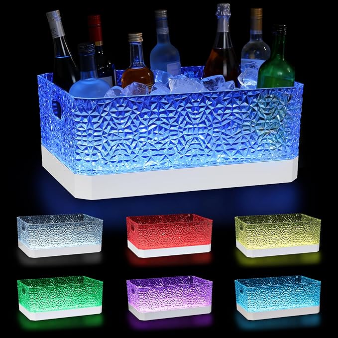 LED Light Up Plastic ice buckets for parties 15L large Clear beverage tub 7-color LED light ice buckets For Champagne Beer...
