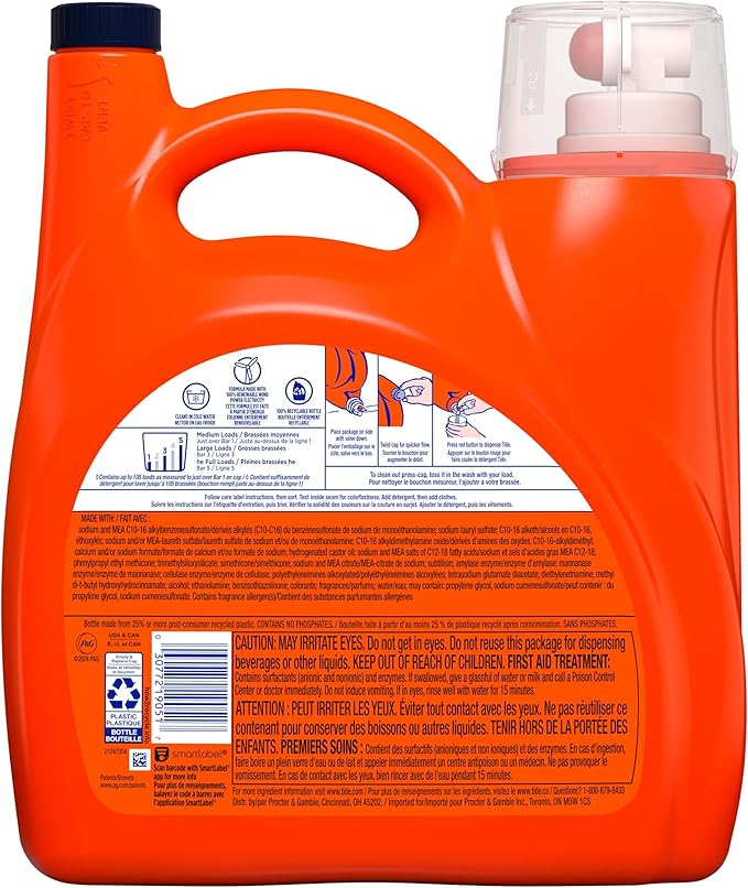 Tide Ultra Oxi Boost Liquid Laundry Detergent, 148 fl oz, 105 Loads, Advanced Stain Remover with Extra Oxi Power