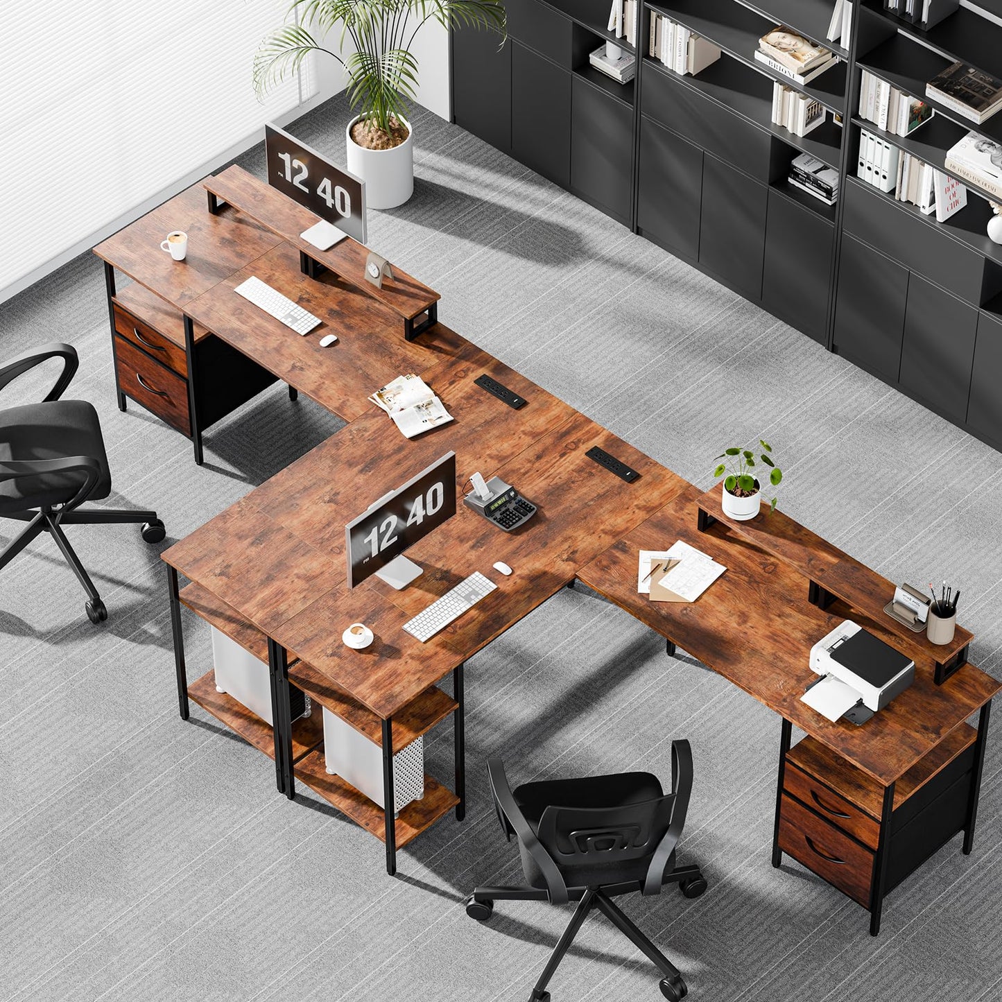HAPPYMONT L Shaped Gaming Desk with Power Outlet & 2 Monitor Stands, Computer Desk with Drawer & Adjustable Storage Shelves, Large Corner Desk for Home Office, Rust Brown