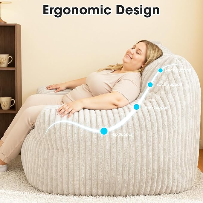 Giant Bean Bag Chair for Adults, Oversized Memory Foam Bean Bag Sofa with Armrests, Large Comfy Fluffy Single Lounges Mini Couch for Living Room, Bedroom & Dorm(Beige)