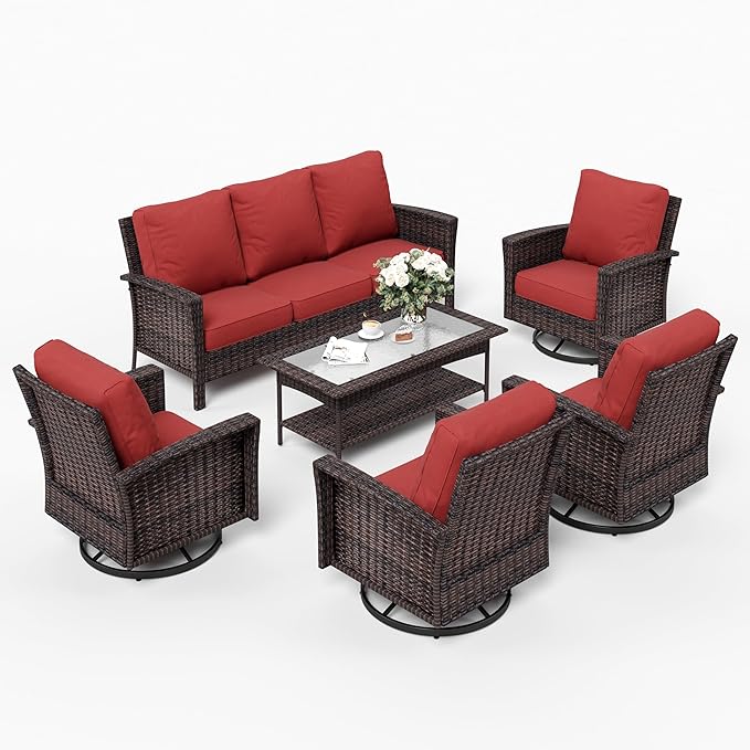 SUNSHINE VALLEY Patio Furniture Set with Swivel Chairs, High Back Wicker Rattan Furniture with Extra Thick Cushion and Coffee Table, Outdoor Conversation Set for Garden Backyard Deck,7 Seats Red