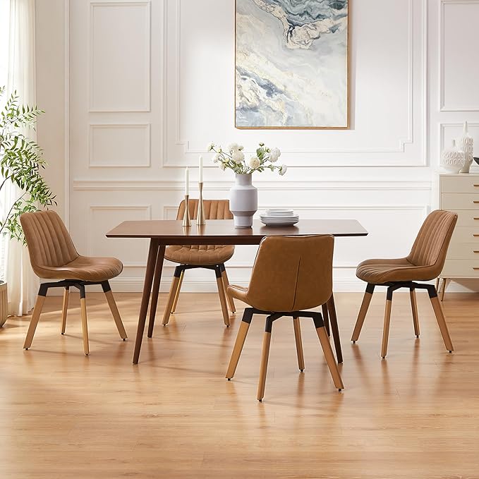 Art Leon Swivel Dining Chairs Set of 2, Mid Century Modern Kitchen Dining Room Chairs, Upholstered Faux Leather Armless Side Chair with Wood Legs for Living Room Bedroom, Red Brown