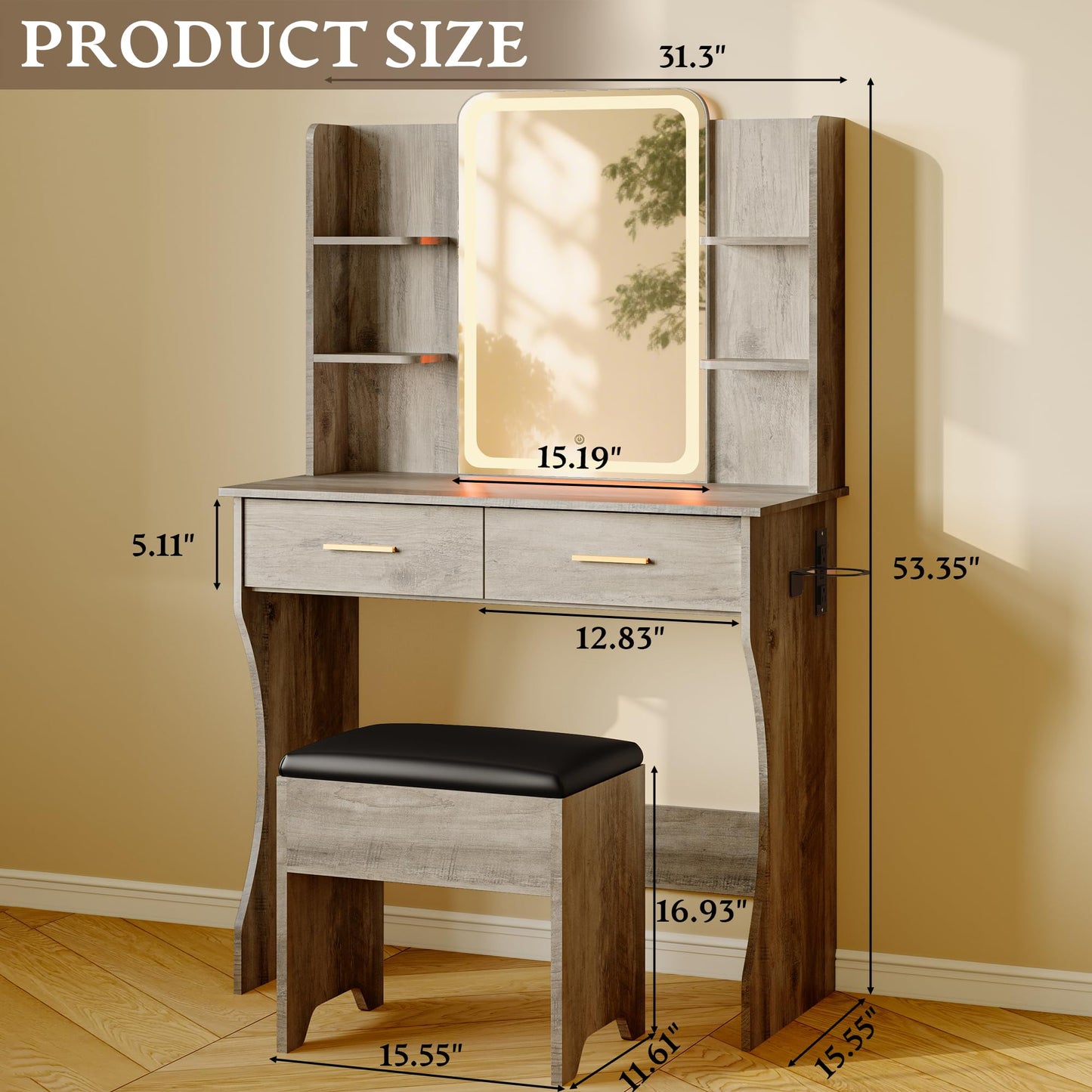 Gray Makeup Vanity Desk with Mirror and Lights, Wood Vanity Table Set with Power Outlet, Dressing Table with 2 Drawer & 4 Storage Shelves, Adjustable RGB Lighting, Includes Chair for Girl’s Bedroom