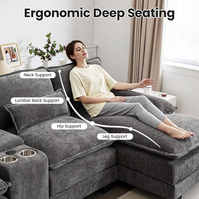 125" U Shaped Cloud Modular Sectional Couch for Living Room, Small Comfy Chenille Sofa with Double Chaise Lounge, Storage Central Console, Cup Holders, USB Port,Grey