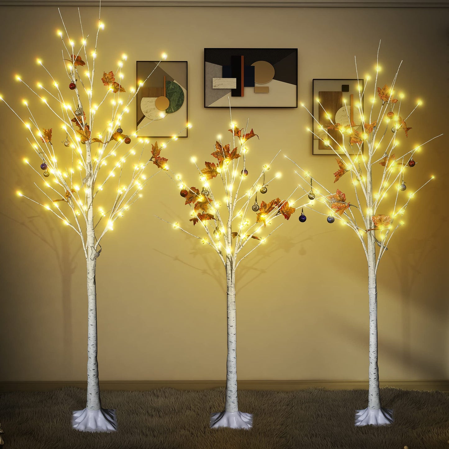 Set of 3 Birch Tree with LED Lights, 4FT 5FT 6FT Prelit Christmas Tree, Lighted White Artificial Tree for Indoor Outdoor, Thanksgiving Christmas Seasonal Holiday Decoration