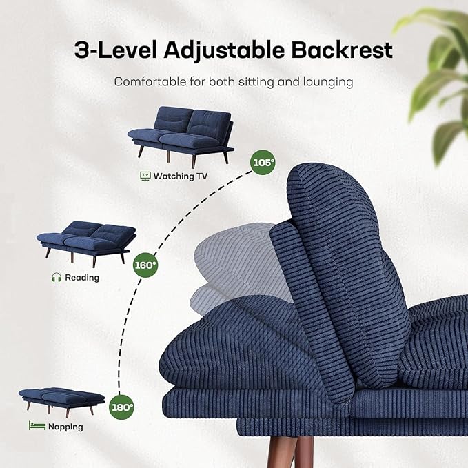 Marsail Futon Sofa Bed, 66” Futon Couch with Adjustable Backrest & Armrests, Convertible Small Sleeper Sofa Bed for Small Apartments, Study Room, Office, Corduroy Loveseat, Blue
