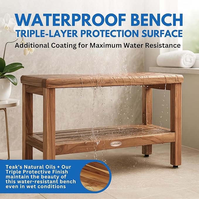 EcoDecors Teak Shower Bench with Large Storage Shelf 36", 300 lb Capacity – Waterproof Bathroom Seat with Non-Slip Feet, Elegant Natural Teak Finish, Ideal for Adults, Seniors, & Spa-Style Bathrooms