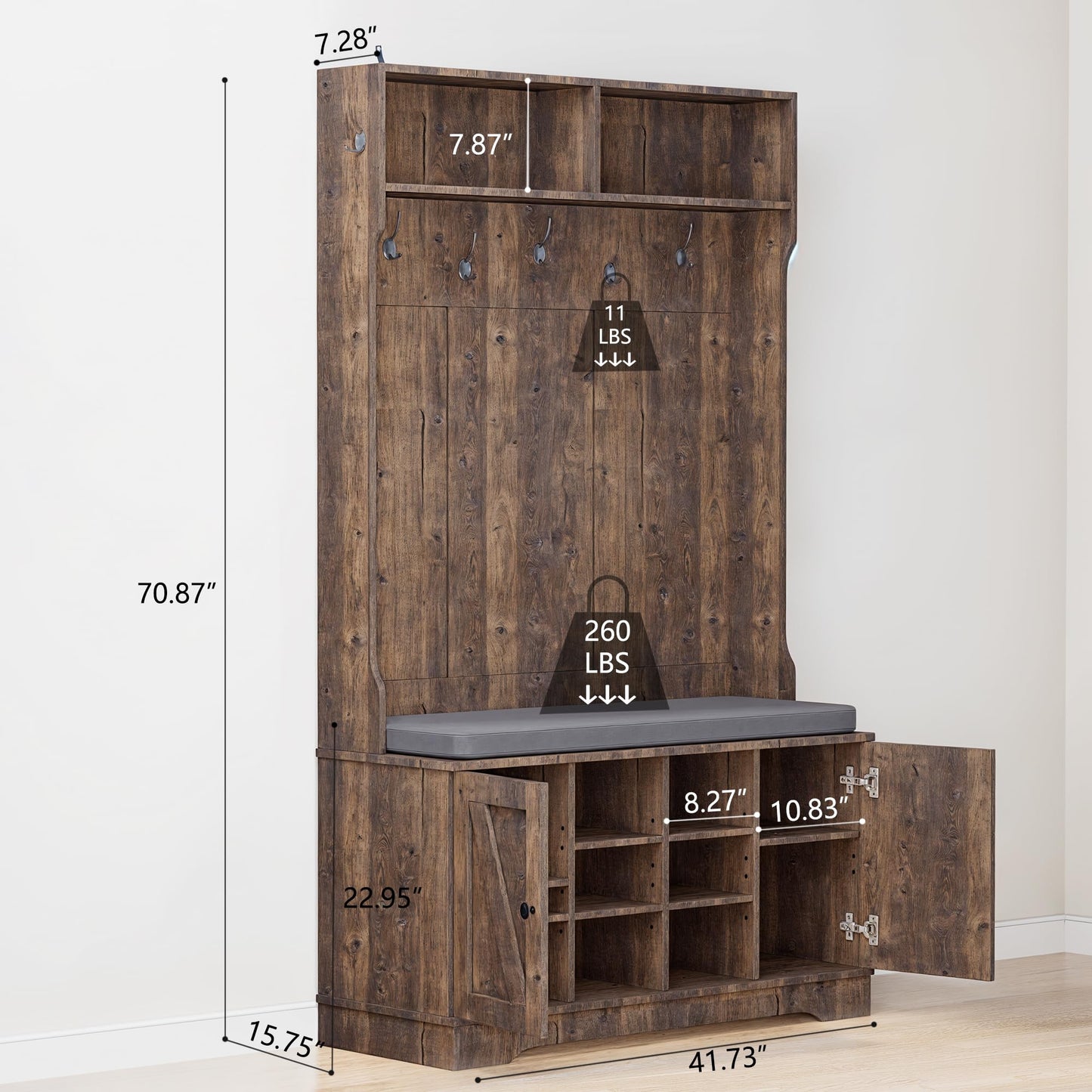 spanspace 71" Hall Tree with Bench and Shoe Storage, Entryway Hall Tree with 2 Doors and 6 Adjustable Shelves, Cushioned Mudroom Storage Bench with Coat Rack for Hallway and Living Room