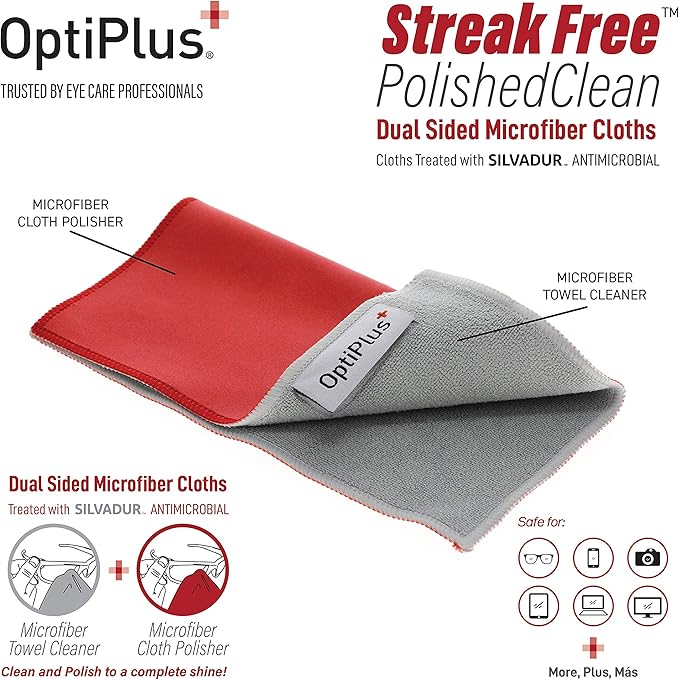 OptiPlus All-Natural Lens Cleaning Spray and Dual-Purpose Microfiber Cloth | Streak-Free Spray for Glasses, Laptops Screens, Smart Phones, Optical Lens, Goggles, and Watch Screen l Travel Size l 2oz