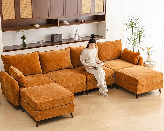 Rexulqo 135'' Modular Sectional Sofa with All Seats Storage, Oversized U Shaped Couch,4-Seater Comfy Cloud Couch with Movable Ottoman,24.5'' Deep Seat,Big Sofas for Living Room,Bedroom,Velet,Yellow