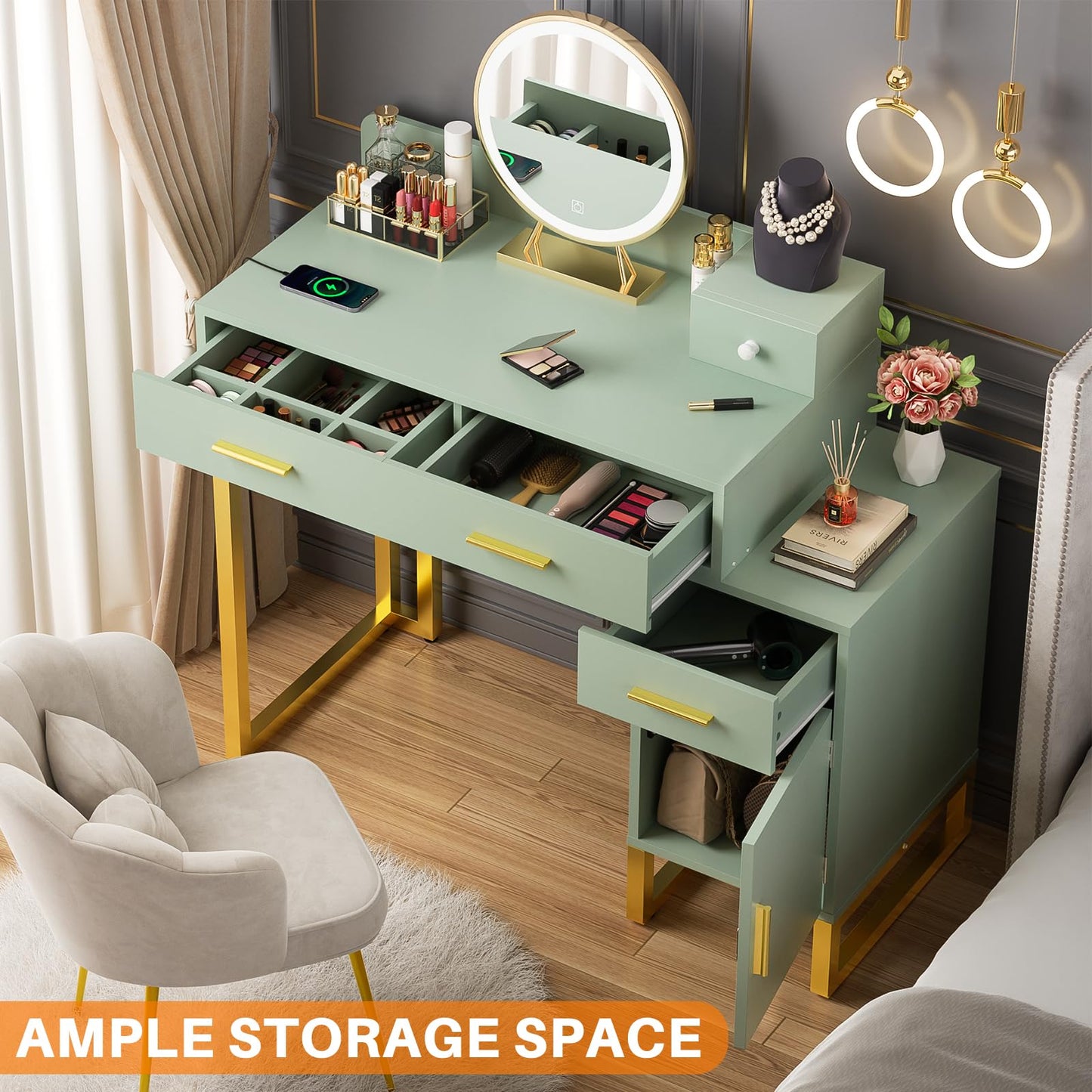 Vanity Desk with 4 Storage Drawers - Modern Makeup Vanity Table with Charging Station, Cyan Vanity Desk with Reversible Cabinet Dressing Table Set with Divided Organizers for Women Girls, Cyan & Gold