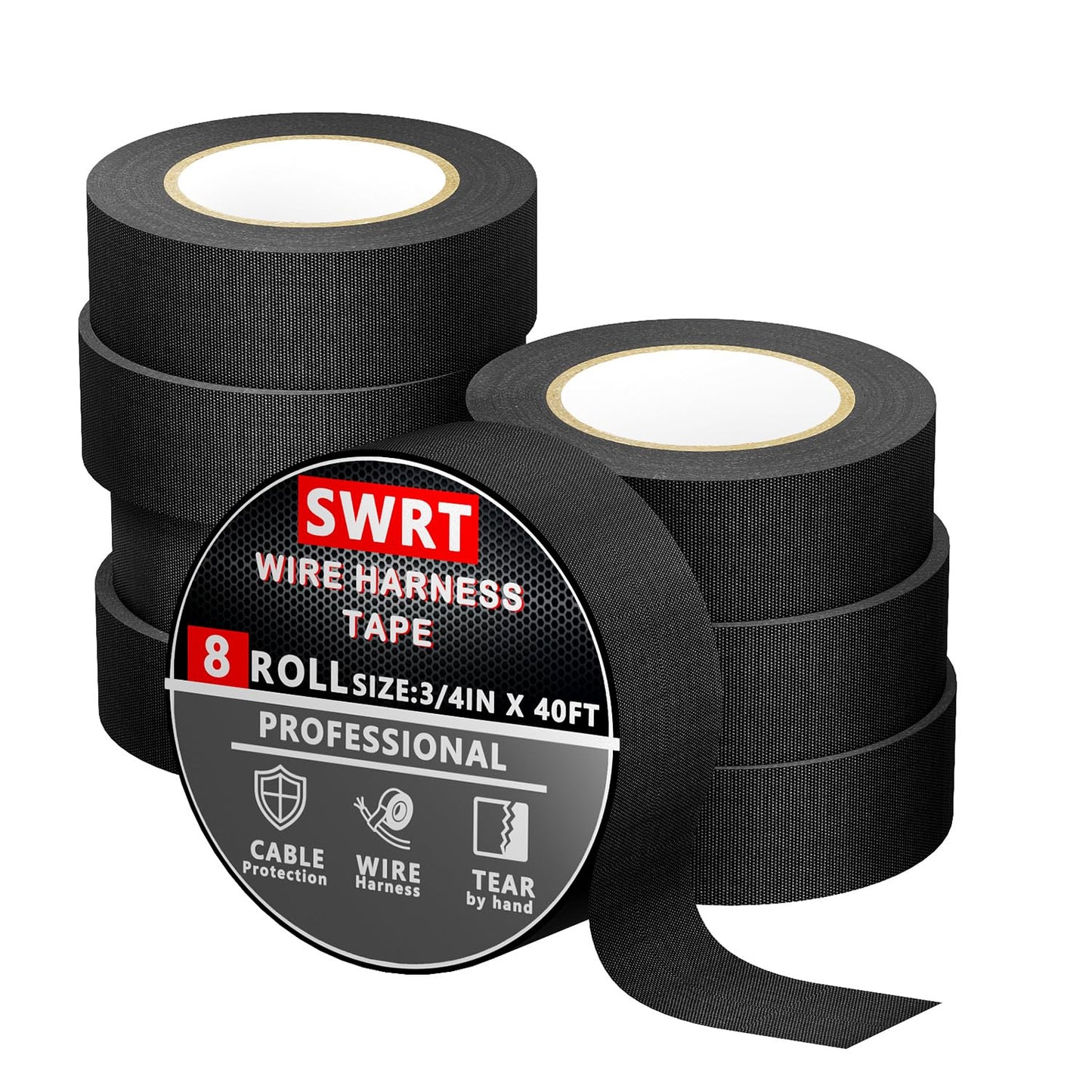 SWRT Wire Harness Tape, 3/4 Inch × 40 Feet, 8 Packs (320 Feet Total), Self-Adhesive Black Cloth Electrical Tape for Automotive Use, Fabric Tape Wire Wrap, High Temperature Resistance.