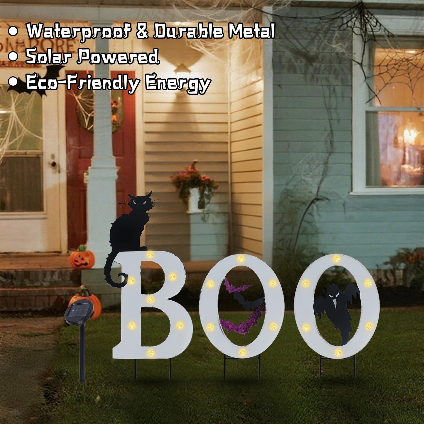 Prsildan 3 Pack Halloween Decorations Outdoor -Solar Powered Lighted Boo Yard Sign with Bats, Cat & Ghost, Waterproof Metal Lawn Stakes for Front Yard, Porch, Garden - Spooky Halloween Party Decor