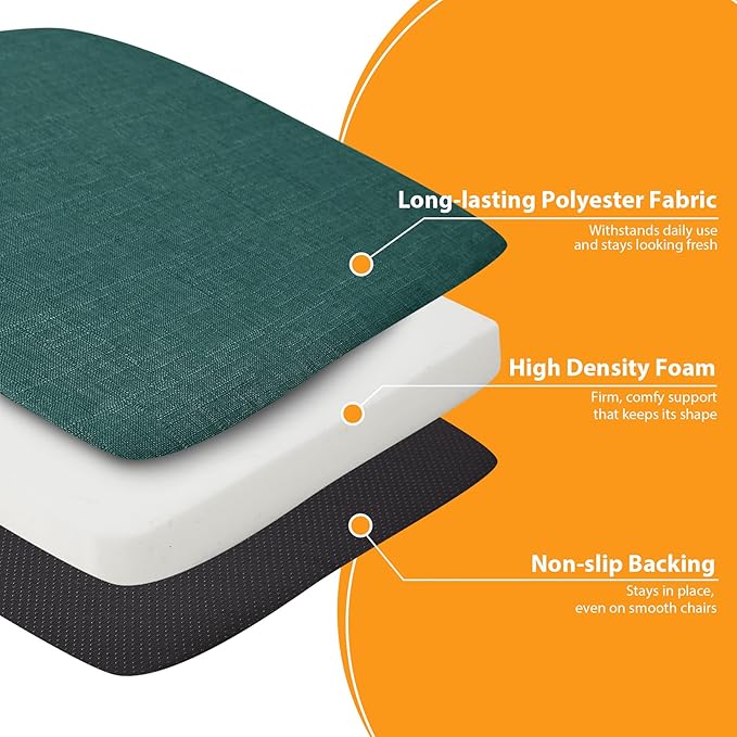Ruqmuis Chair Cushions for Dining Chairs, 2" Thick Seat Cushions for Kitchen Chairs, D-Shaped Chair Pads with Washable Cover, Ties and Non Slip Backing, 17'' x 16'', Set of 4, Green