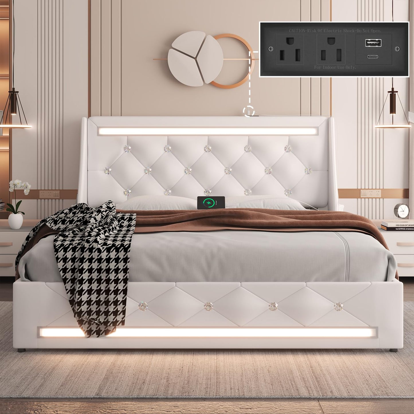 E-Motie Queen Bed Frame with LED Lights and Charging Station, Wingback Upholstered Diamond Tufted Storage Headboard, Noise-Free, Solid Wood Slats,No Box Spring Needed, Easy Assembly, White