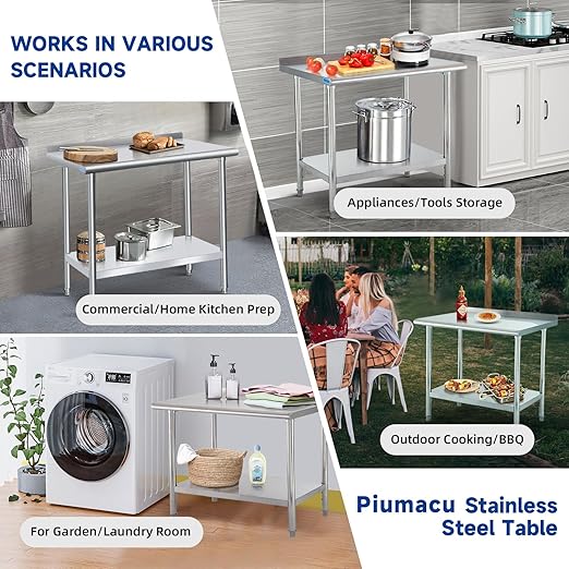 PIUMACU Stainless Steel Table 24 x 30 Inch, Stainless Table for Food Prep, Commercial NSF Metal Table for Restaurant Kitchen Hotel Garage (+ Backsplash)