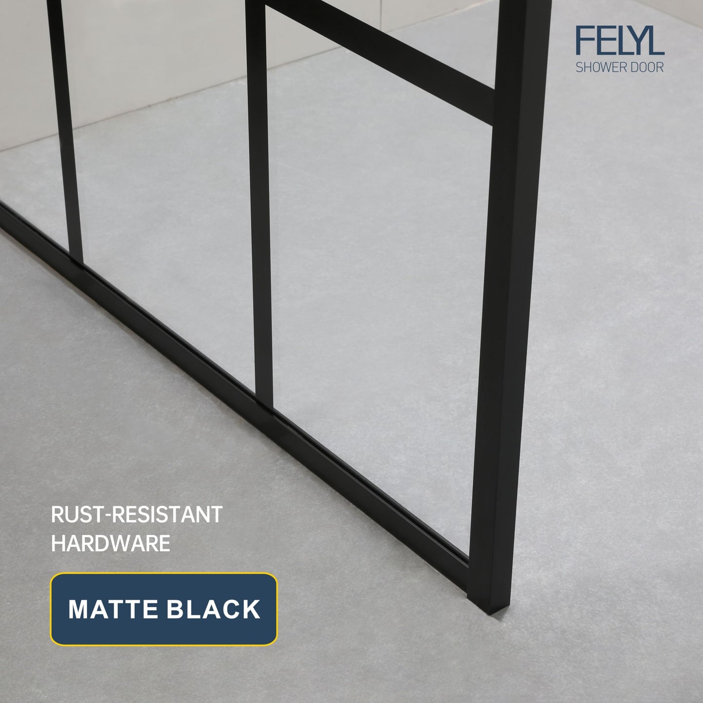 FELYL Black Grid Shower Glass Panel 34" W x 72" H, Matte Black, Framed Fixed Glass Panel, 5/16" (8mm) SGCC Tempered Glass, Reversible Installation